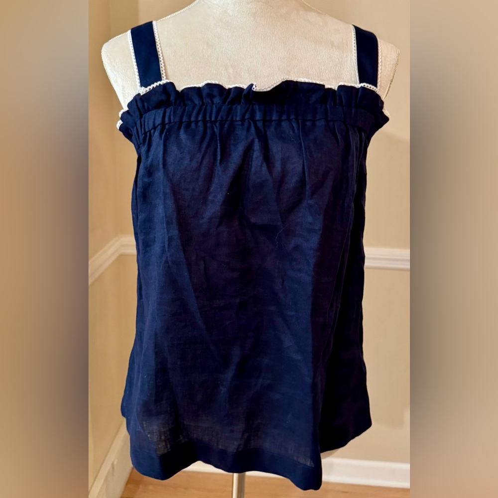 🚤 NWT BODEN Navy Linen Blend Tank Top w White Trim | US 6